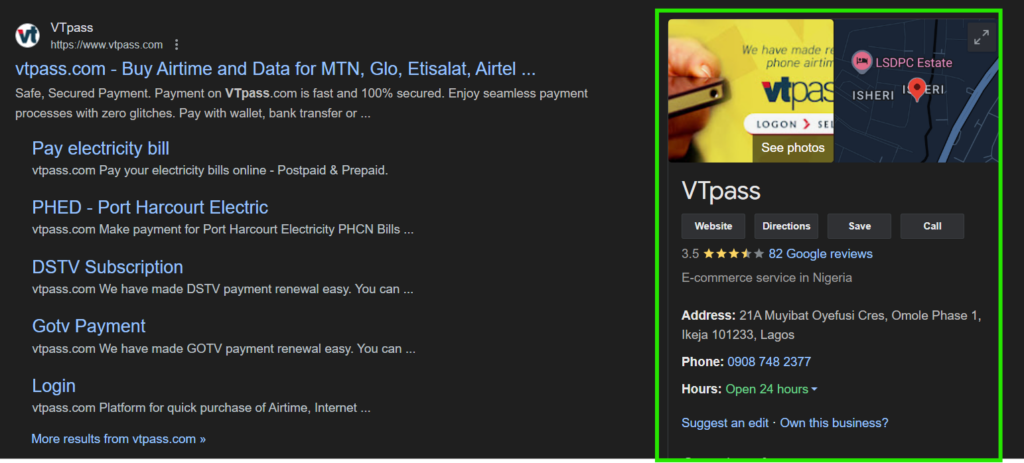 Visibility of VTpass on Google My Business app